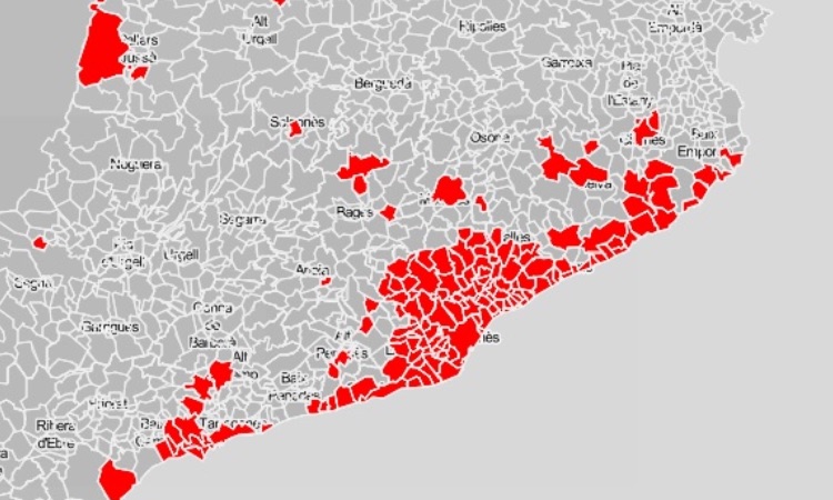 Mapa dels municipis afectats pel toc de queda a Catalunya