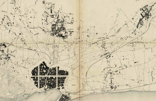 Un plànol d’Ildefons Cerdà del 1855 on es pot veure Barcelona i els pobles dels voltants que més tard engoliria. Foto: Arxiu 